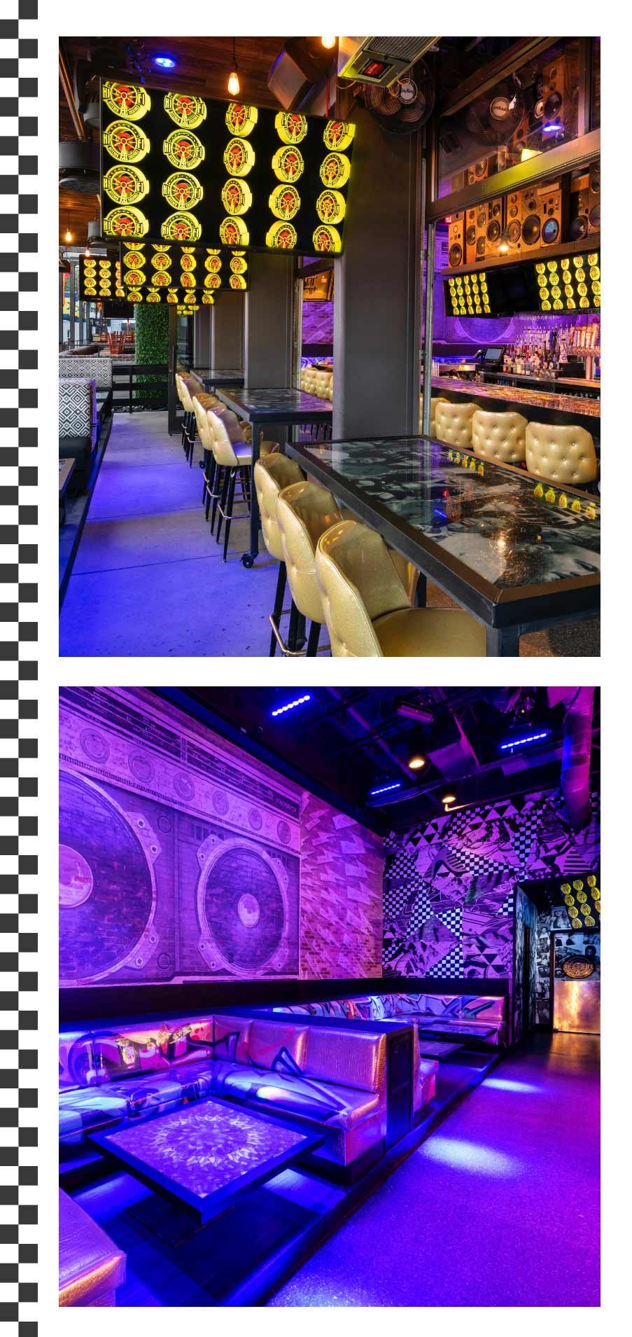 1) Photo of High Top Table Seating and Outdoor TV's. 2) Photo of VIP Booths and Wall Mural.